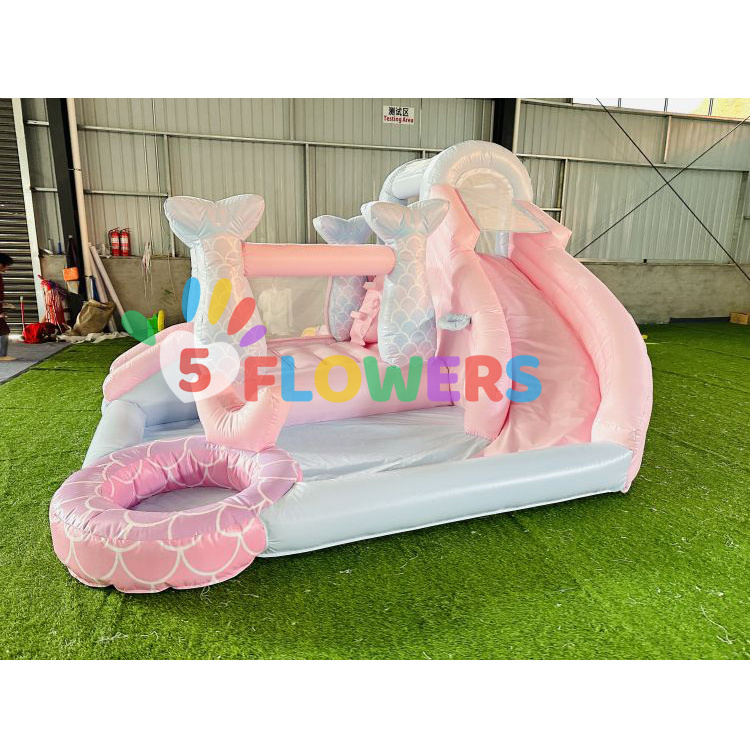 Popular PVC inflatable bounce house pastel color bouncer beautiful mermaid bouncy castle with slide small pool for party rentals