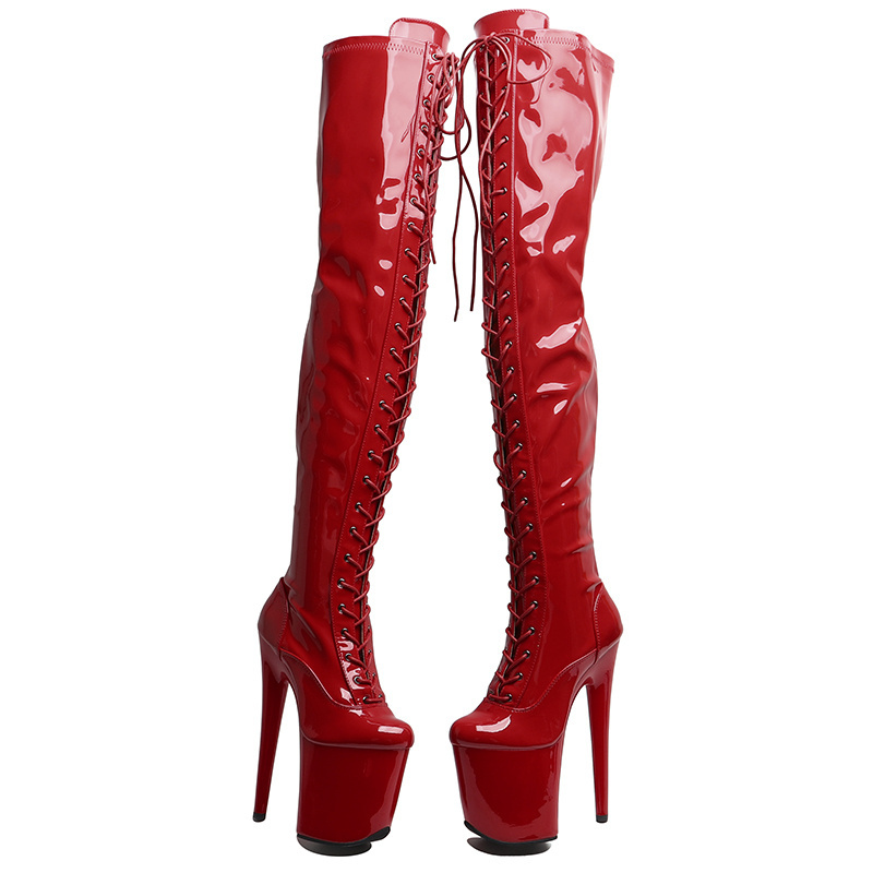 20CM / 8 Inch Patent PU Upper Women Fashion High Heel Platform Front Lace up Stretch Thigh High Boot Pole Dance Boots