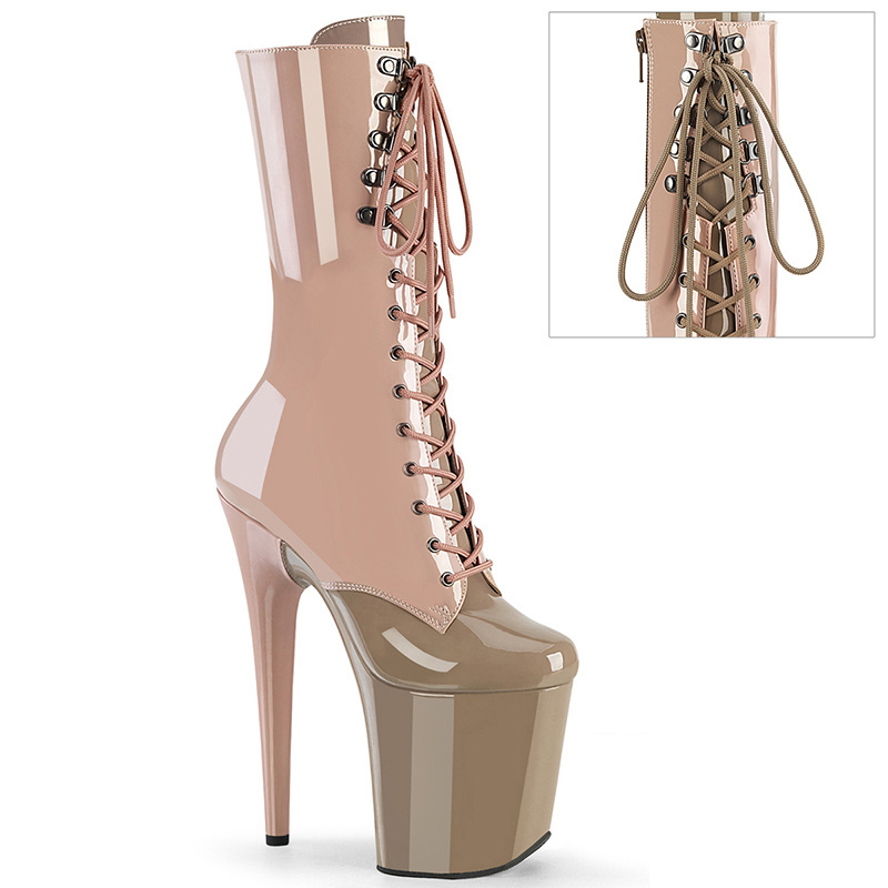 20CM / 8 Inch Patent Upper Women Fashion High Heel Platform Two Tone Lace-Up Front Mid Calf Boot  Pole Dance Boot