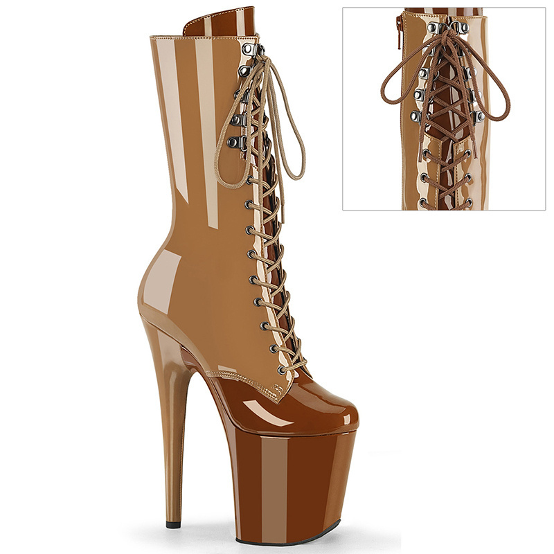 20CM / 8 Inch Patent Upper Women Fashion High Heel Platform Two Tone Lace-Up Front Mid Calf Boot  Pole Dance Boot