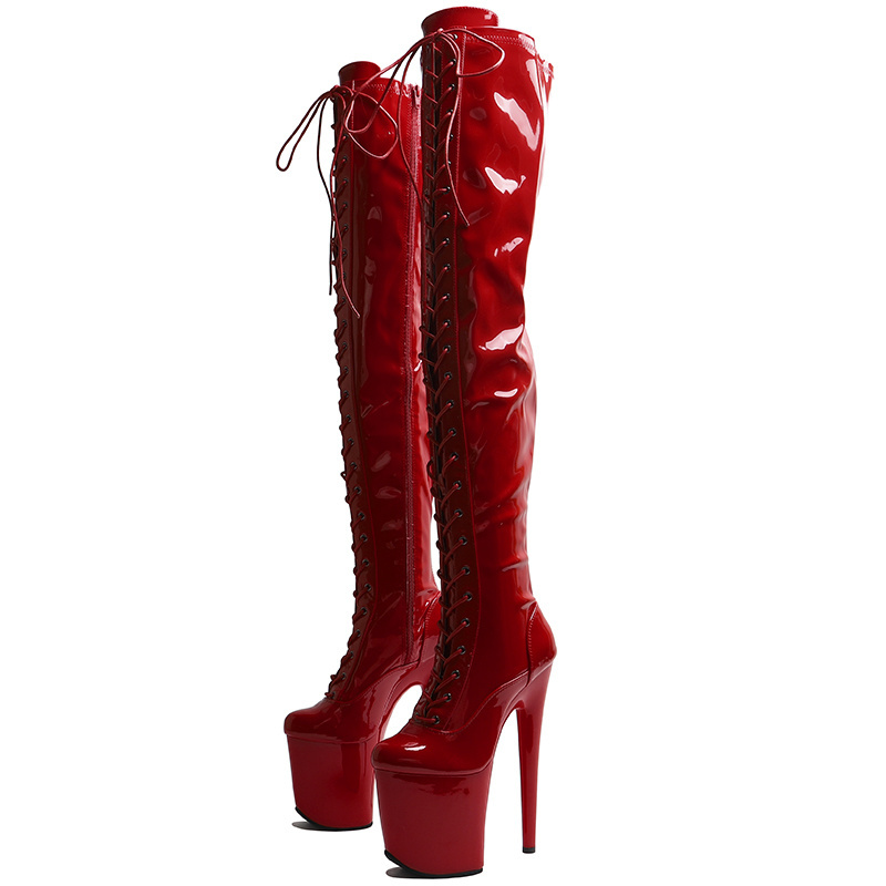 20CM / 8 Inch Patent PU Upper Women Fashion High Heel Platform Front Lace up Stretch Thigh High Boot Pole Dance Boots