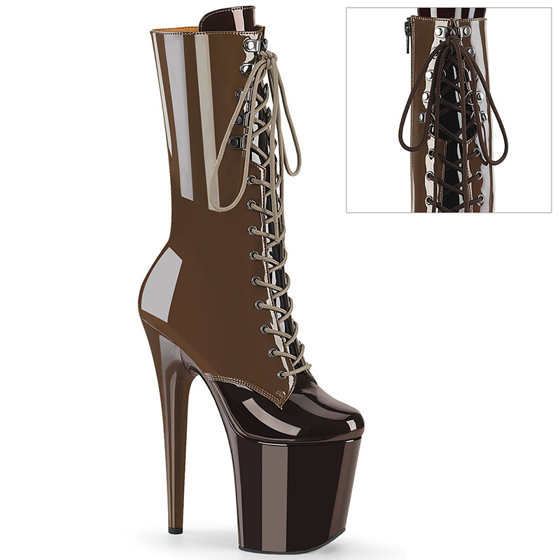 20CM / 8 Inch Patent Upper Women Fashion High Heel Platform Two Tone Lace-Up Front Mid Calf Boot  Pole Dance Boot