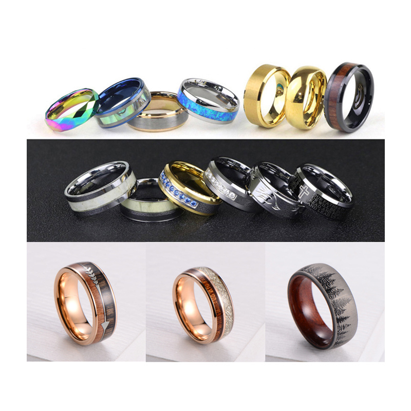 China wholesale wood inlay blank brushed rose gold blue black gold plated wedding band tungsten carbide mens rings