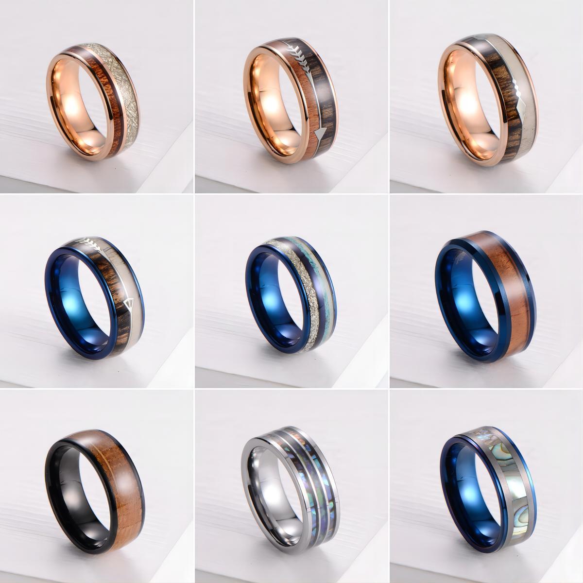 China wholesale wood inlay blank brushed rose gold blue black gold plated wedding band tungsten carbide mens rings