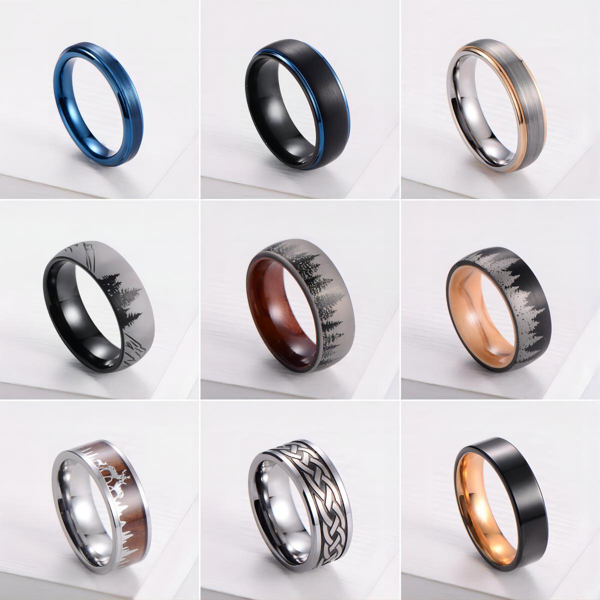 China wholesale wood inlay blank brushed rose gold blue black gold plated wedding band tungsten carbide mens rings