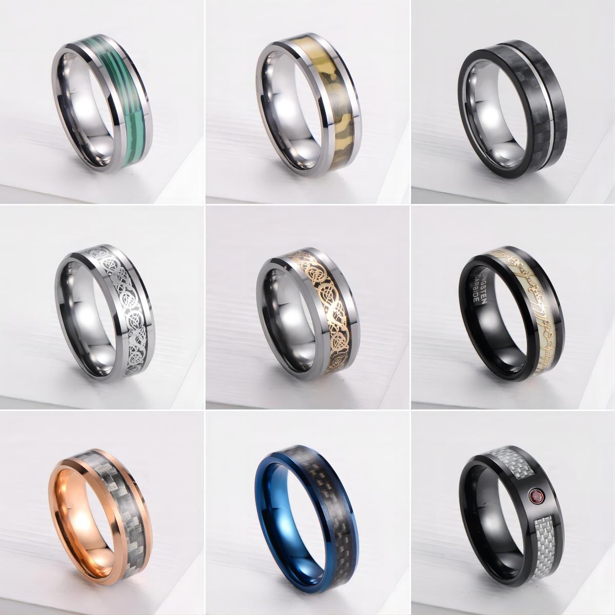 China wholesale wood inlay blank brushed rose gold blue black gold plated wedding band tungsten carbide mens rings