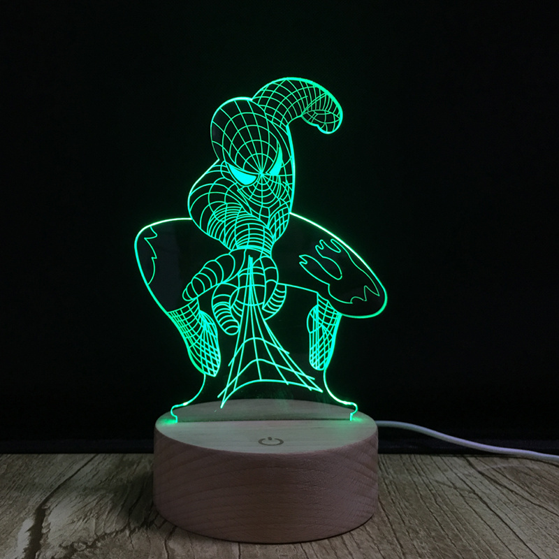 Spiderman 3D Optical illusion Night Lamp Light USB Cable Smart Touch Button Desk Table Lights 7 Color Changing Wood Table Lamp