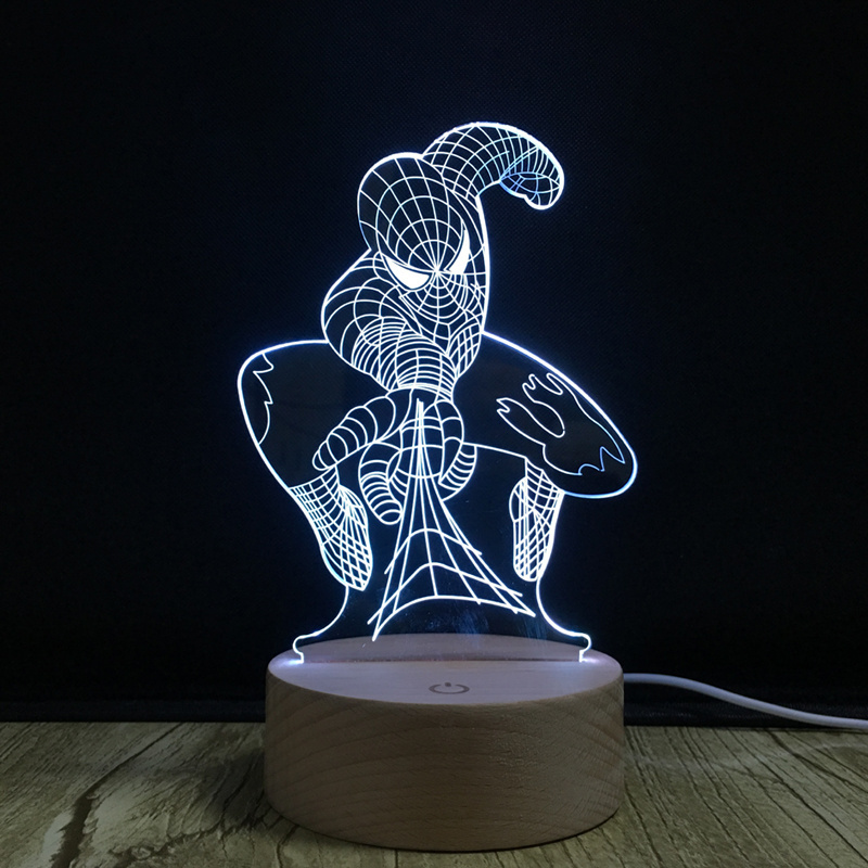 Spiderman 3D Optical illusion Night Lamp Light USB Cable Smart Touch Button Desk Table Lights 7 Color Changing Wood Table Lamp