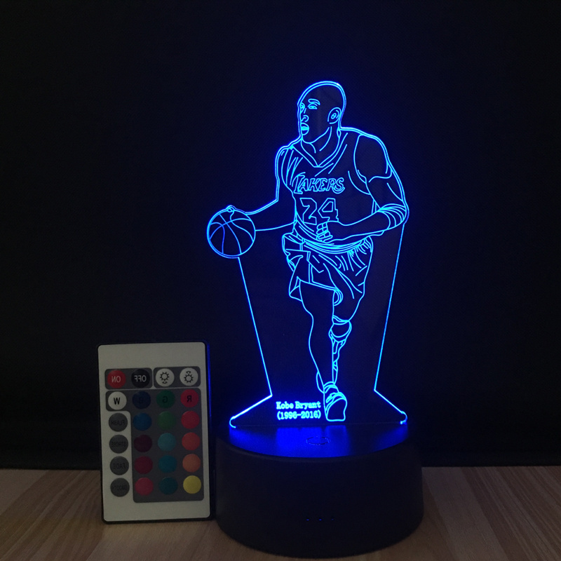 Kobe Basketball shape Night Light 3D Vision Acrylic Lamp 16 Colors Changing USB Bedroom Bedside Creative Table Lamp