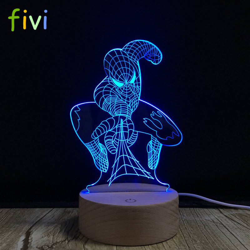 Spiderman 3D Optical illusion Night Lamp Light USB Cable Smart Touch Button Desk Table Lights 7 Color Changing Wood Table Lamp