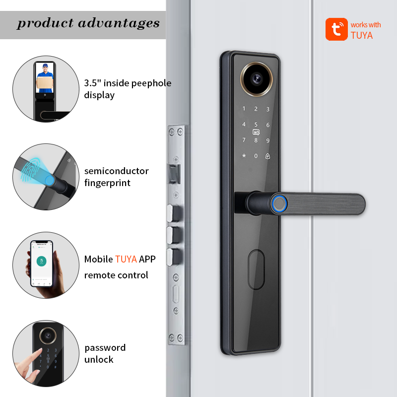 Tuya APP Remote Unlock Stainless Front Door Lock Peephole Snap Camera Doorbell Smart Lock Fingerprint Secret Code Card Lock