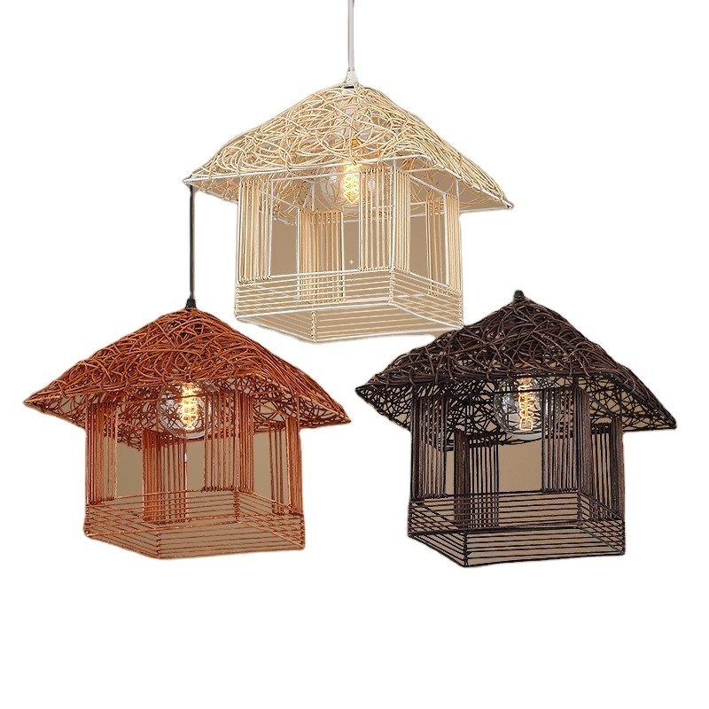 LED Idyllic Rattan Small House Chandelier Weaving Cabin Living Room Lamp Bedroom Warm Creative Personality Restaurant Bamboo Cha