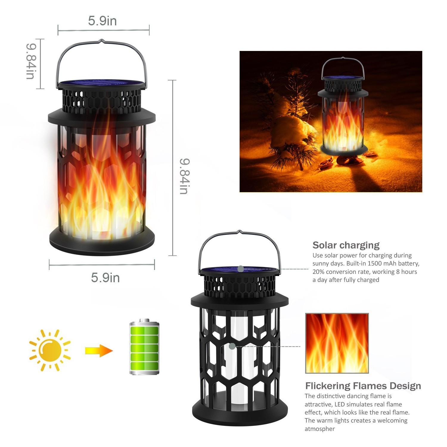 Hot Selling Solar Candle Lantern Outdoor Waterproof Flame Hanging Decorative Garden Light