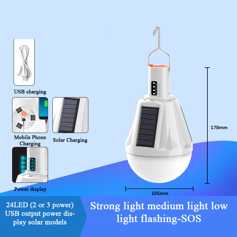 LED solar outdoor camping stall rechargeable emergency light bulb 3 solar panels built-in lithium battery SOS solar bulb