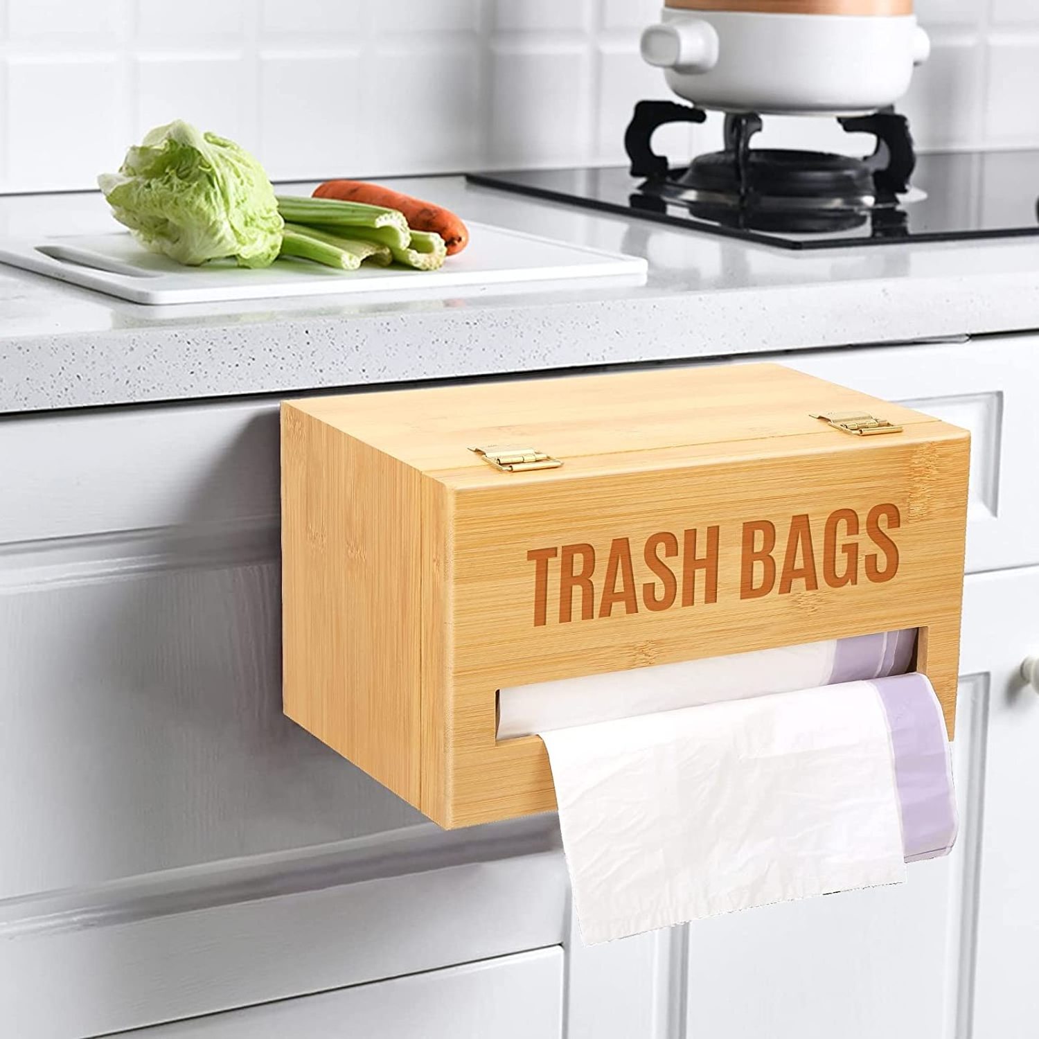 Wall Mount Bamboo Plastic Bag Holders for Grocery Garbage Bags dispenser Bamboo Trash Bag Dispenser with Lock and Holder