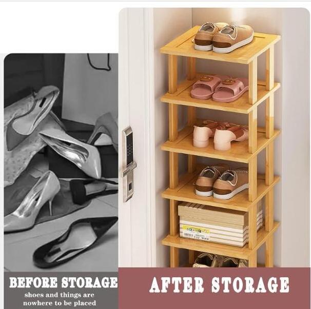 Bamboo Shoe Rack - Vertical Shoe Rack for Small Spaces, Tall Narrow Shoe Rack Organizer for Closet Entryway Corner