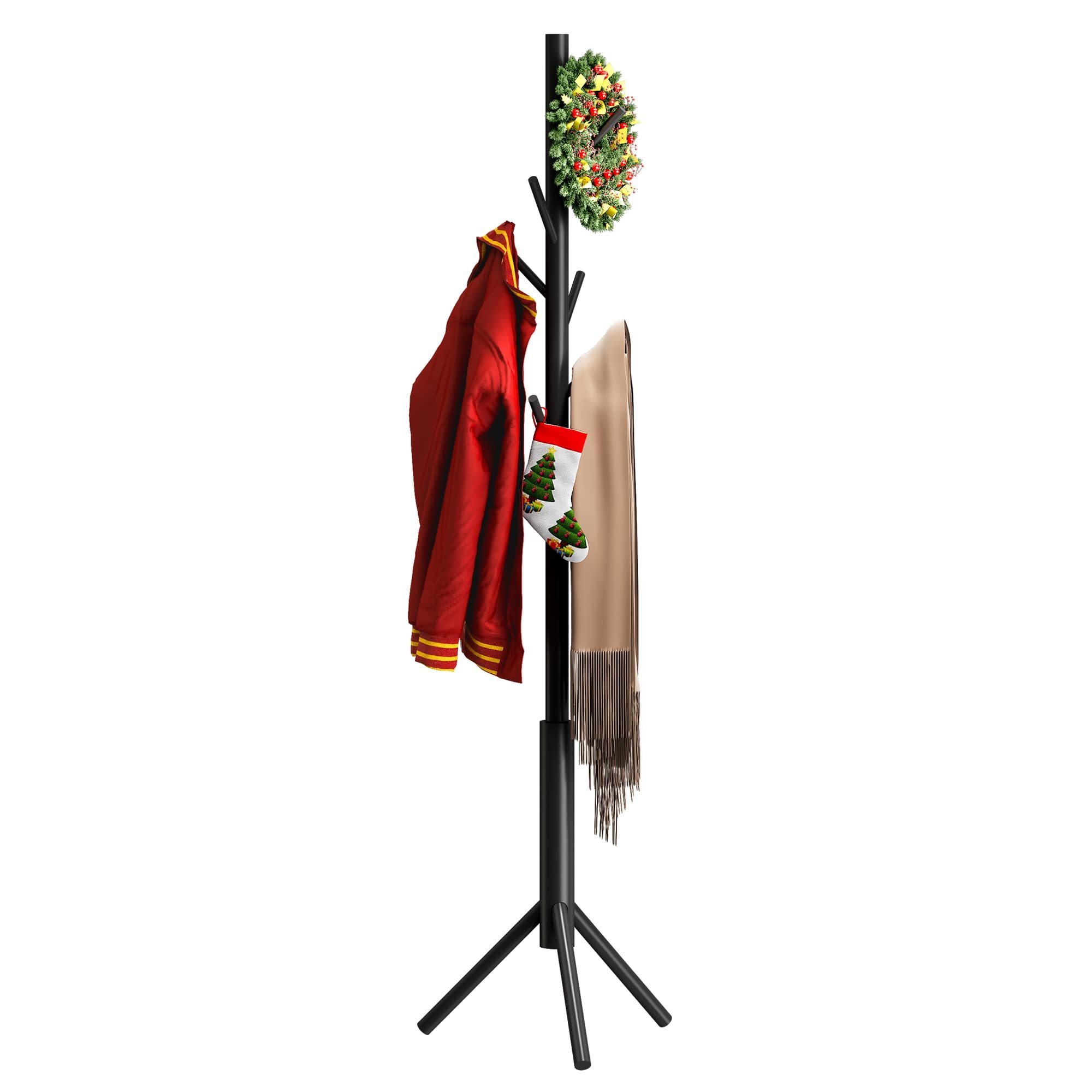 Adjustable Coat Rack Sturdy Wooden Coat Rack Stand Coat Tree, Free Standing Tree Hanger with 4/8 Hooks for Entryway