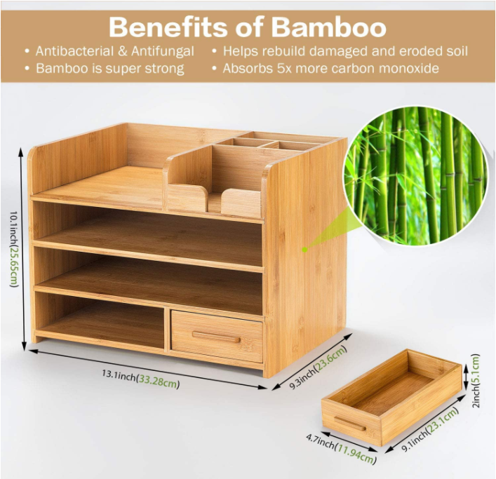 Desk Organizer with Drawers for Home, Office Table Top Shelf Desktop Organizer Storage Boxes & Bins Multifunction 4 Tier Bamboo