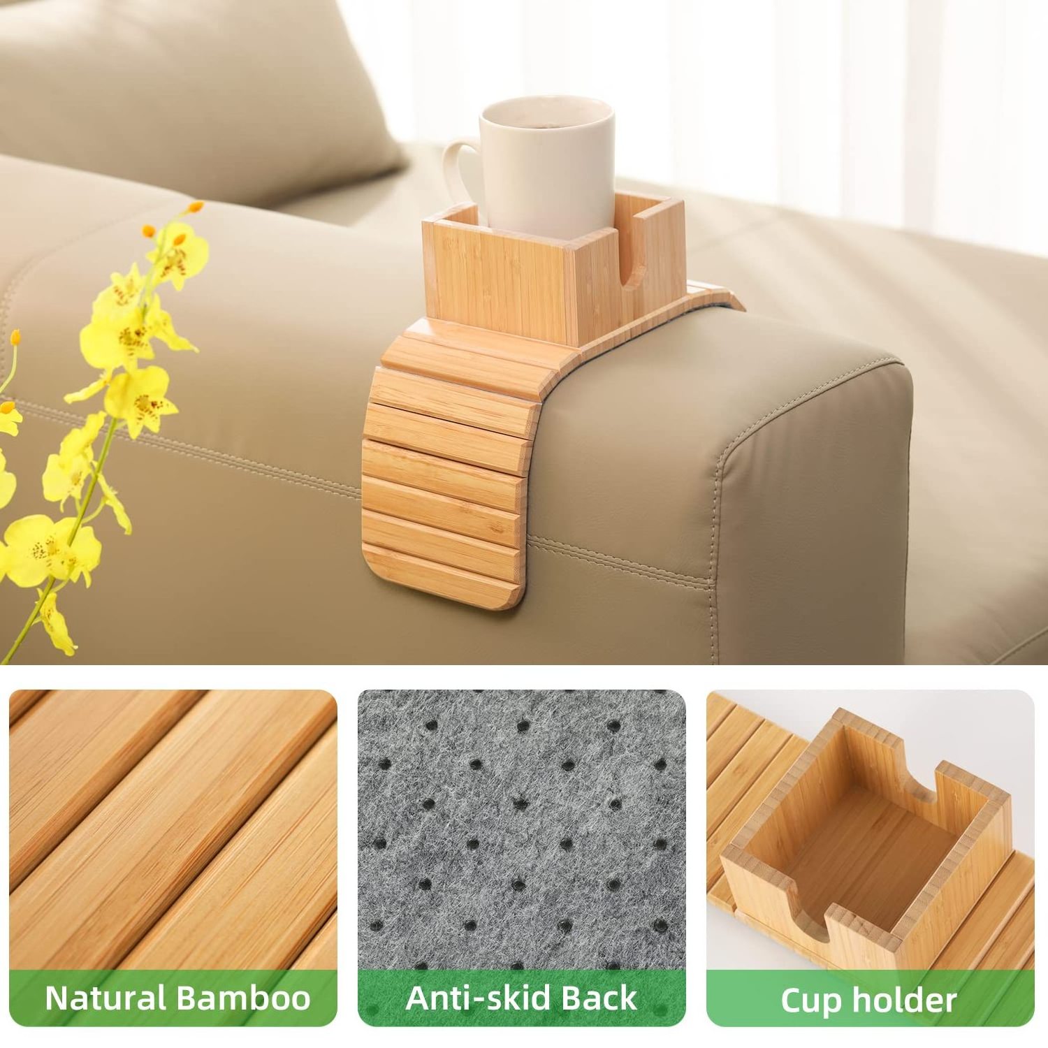 Bamboo Couch Coaster Anti-Spill Couch Cup Holder Natural Sofa Drink Holder Wood Cup Holder Keep Your Cups Steady