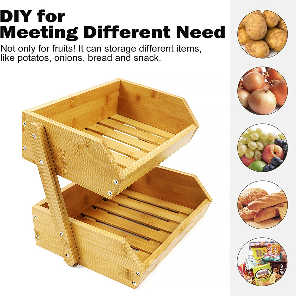 Bamboo Storage Shelf Kitchen Wooden Fruit Basket Bread Storage Stand 2 Tier Bamboo Rack for Bread Vegetable