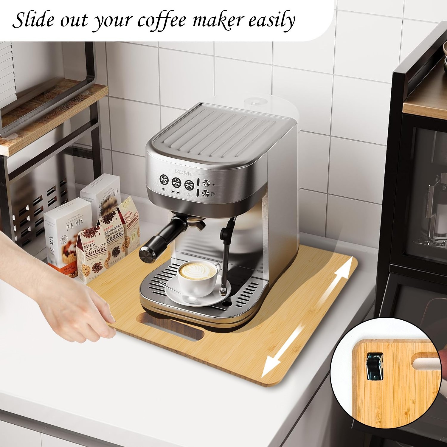 Bamboo Under Sliding Tray for Coffee Maker, Kitchen Appliance Rolling Cutting Board for Countertop Smart Oven