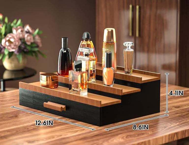 Wooden Cologne Organizer for Men 3 Tier of Elevated Cologne Display Shelf with Drawer Storage Perfume Organization