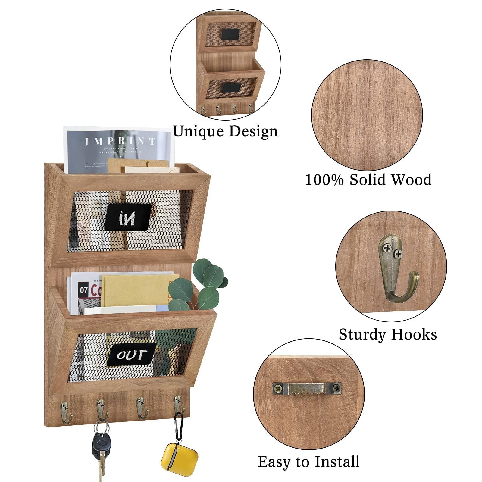 Wall Mount Hanging Mail Organizer,Wooden Key Holder,for Letter, Magazines,Dog Leashes