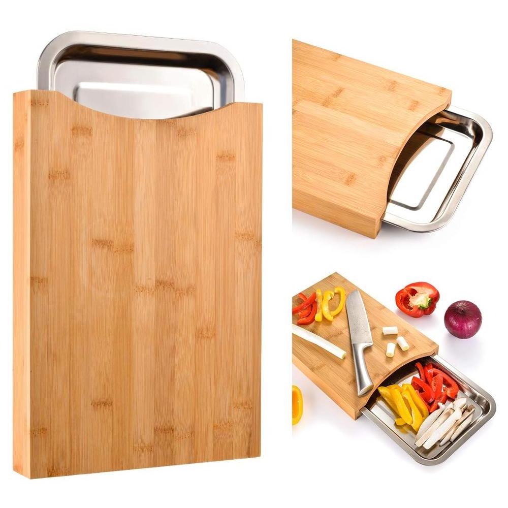 Bamboo Chopping Cutting Board with stainless steel Drawer Container For Meat Vegetables Bread or Cheese