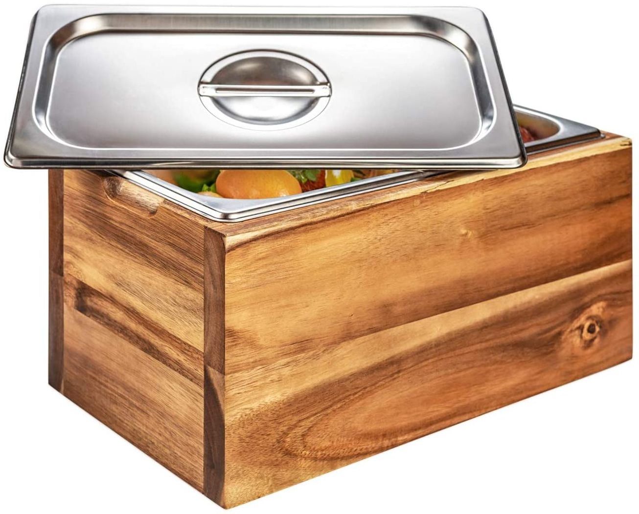 Mul-tifunction Acacia Wood Kitchen Countertop Compost Bin with Stainless Steel Lid Indoor Wood Kitchen Food Container