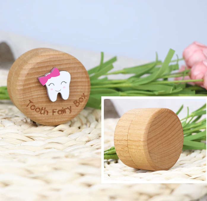 Rubber Wood Tooth Fairy Box for Girls and Boys Wooden Cute Tooth Box Lost Teeth Storage for Kids Customized pattern Bamboo Box