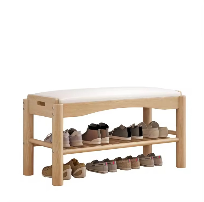 luxury modern wooden shoe cabinet shoe stool storage Wooden shoe changing stool with soft  cushion