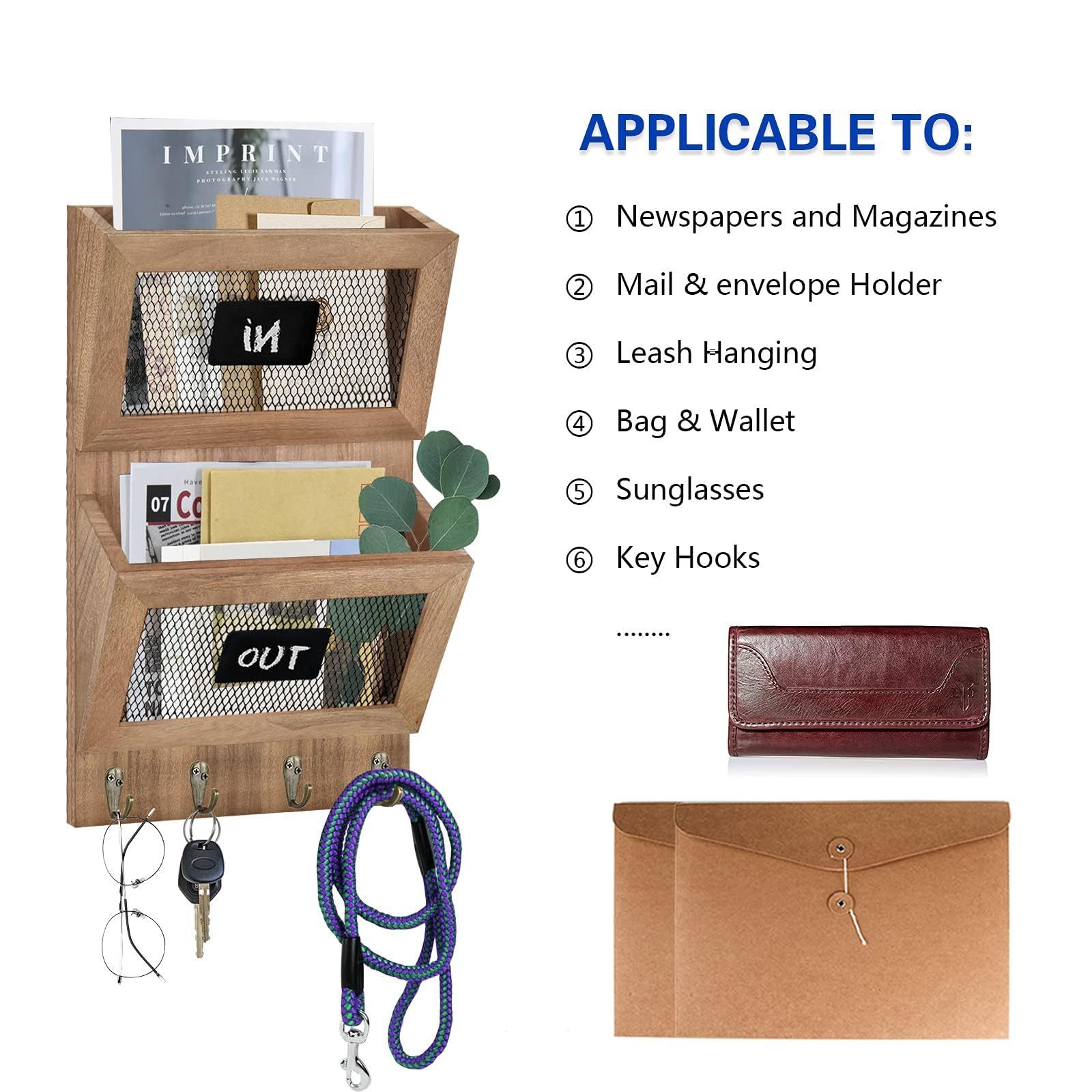 Wall Mount Hanging Mail Organizer,Wooden Key Holder,for Letter, Magazines,Dog Leashes