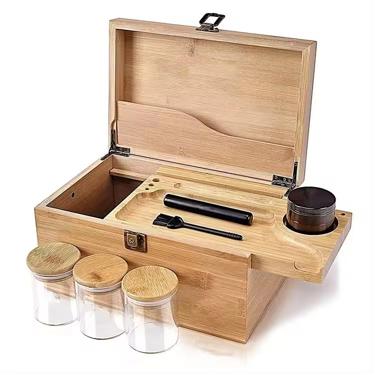 Bamboo Stash Box with Rolling Tray Wood Storage Box with Lock Proof Smoking Accessories Kit Organizer Container