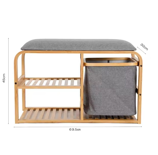 High Quality Bamboo Storage Shelf Entryway 3-Tier Shoe Organizer Bedroom Shoe Rack with cushion