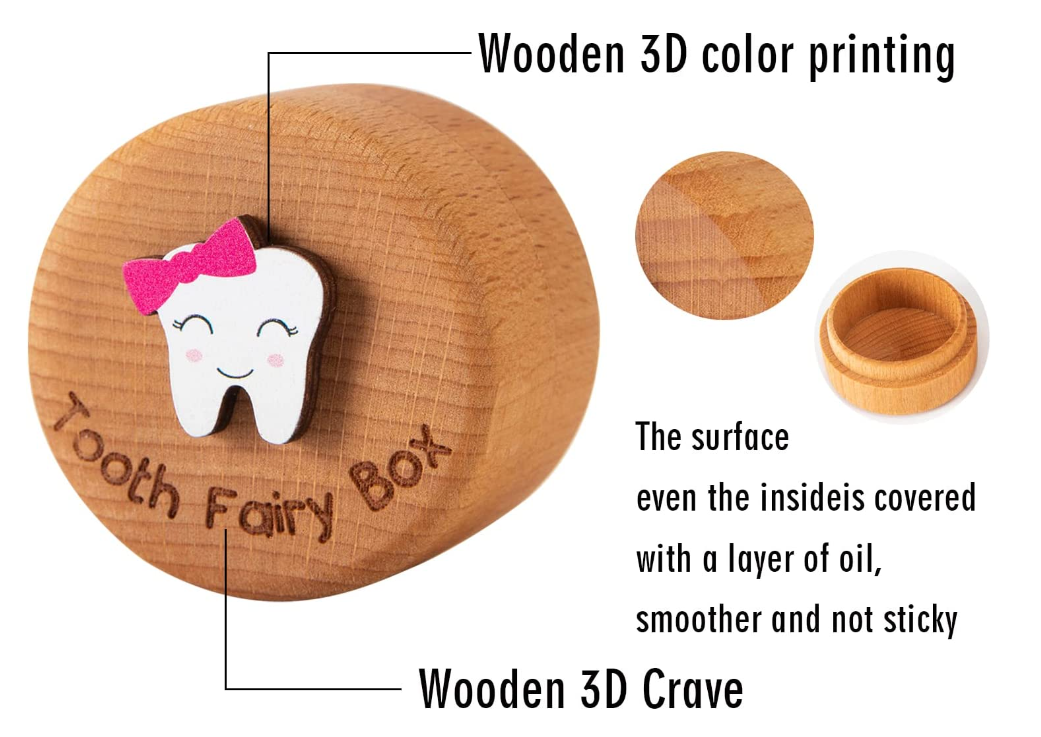 Rubber Wood Tooth Fairy Box for Girls and Boys Wooden Cute Tooth Box Lost Teeth Storage for Kids Customized pattern Bamboo Box