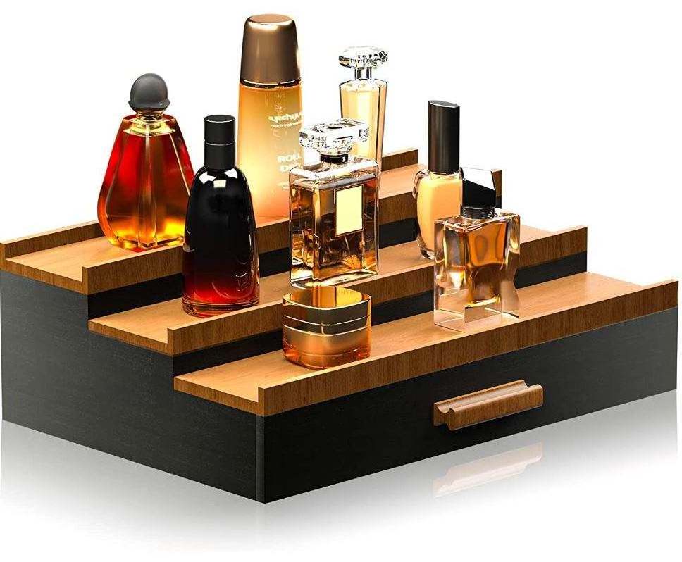 Wooden Cologne Organizer for Men 3 Tier of Elevated Cologne Display Shelf with Drawer Storage Perfume Organization