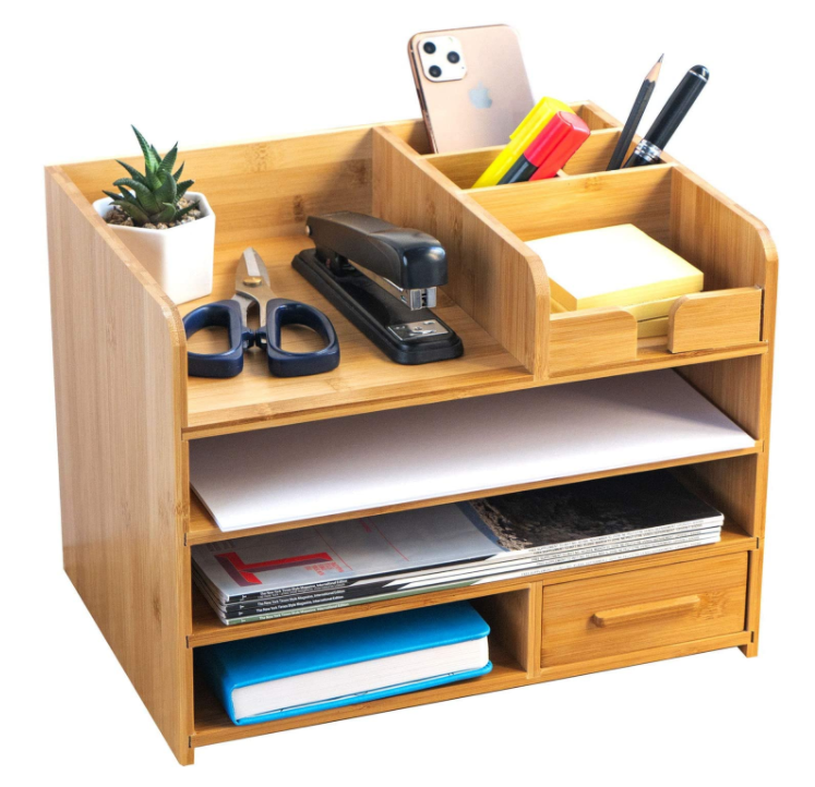 Desk Organizer with Drawers for Home, Office Table Top Shelf Desktop Organizer Storage Boxes & Bins Multifunction 4 Tier Bamboo