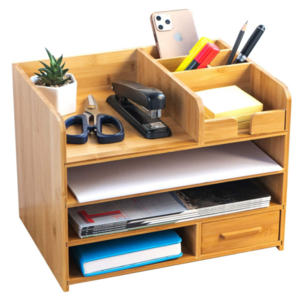 Desk Organizer with Drawers for Home, Office Table Top Shelf Desktop Organizer Storage Boxes & Bins Multifunction 4 Tier Bamboo