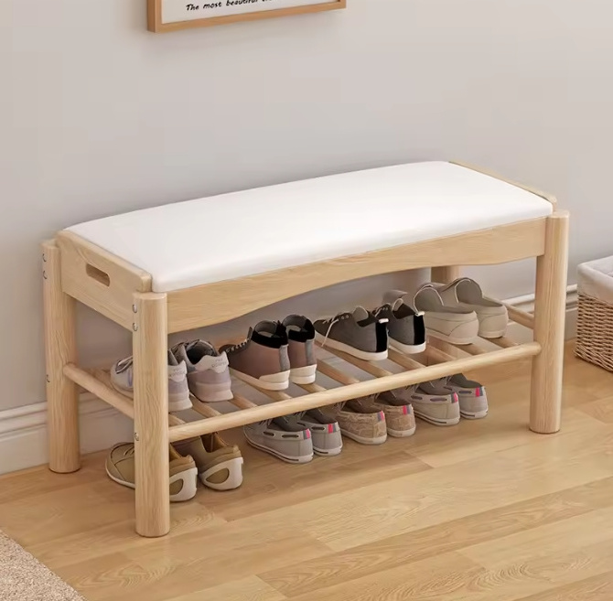 luxury modern wooden shoe cabinet shoe stool storage Wooden shoe changing stool with soft  cushion