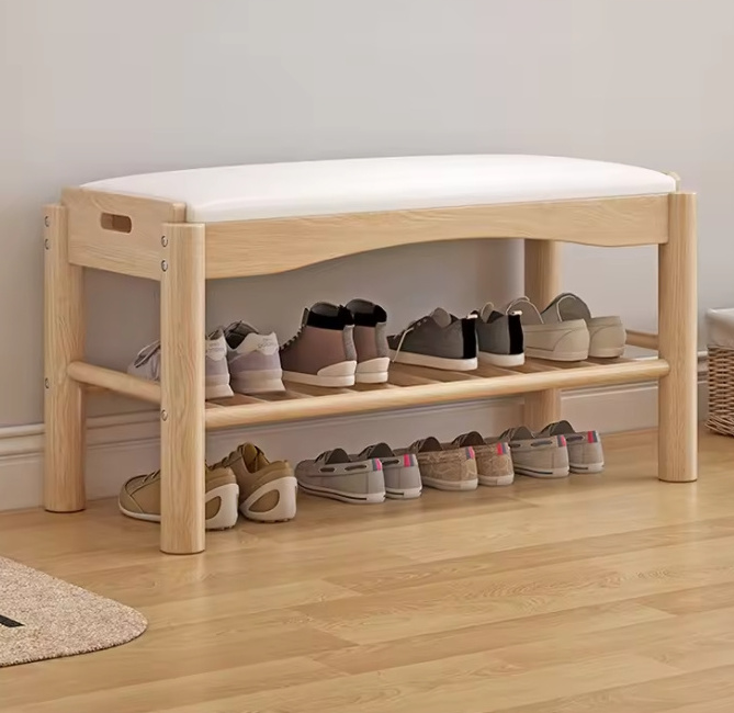 luxury modern wooden shoe cabinet shoe stool storage Wooden shoe changing stool with soft  cushion