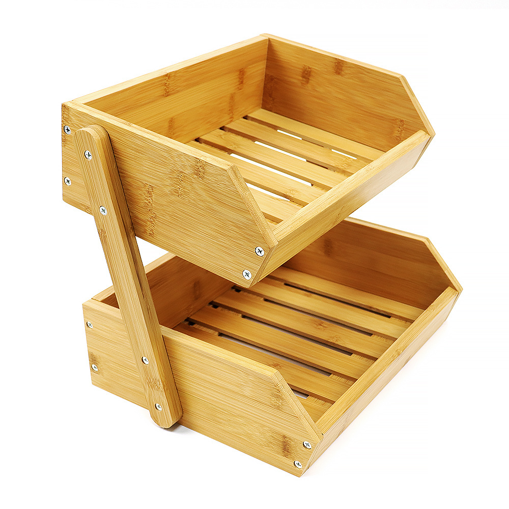 Bamboo Storage Shelf Kitchen Wooden Fruit Basket Bread Storage Stand 2 Tier Bamboo Rack for Bread Vegetable