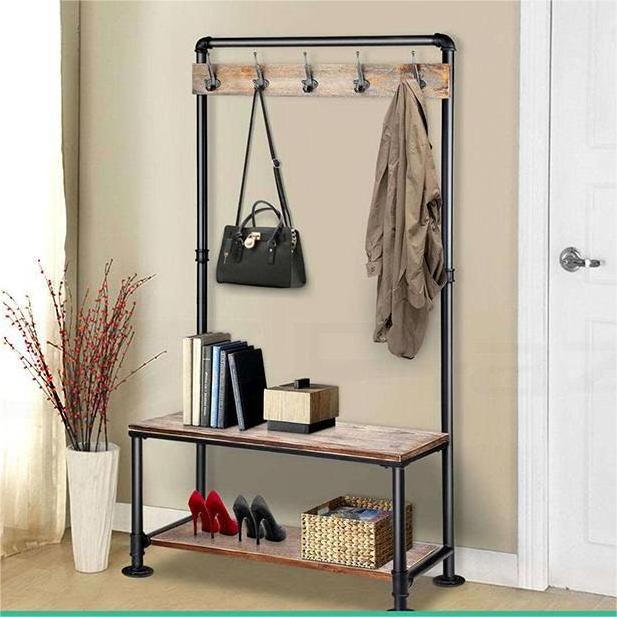 Vintage Industrial Style Entryway Metal Wooden Hall Stand Customized Hat Cloth Hanger Coat Rack