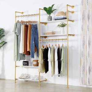 Gold Clothing Rack Heavy Duty Garment Rack With 4 Tier Shelves, Free-Standing Industrial Pipe Clothes Rack