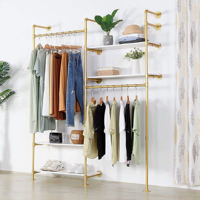 Gold Clothing Rack Heavy Duty Garment Rack With 4 Tier Shelves, Free-Standing Industrial Pipe Clothes Rack