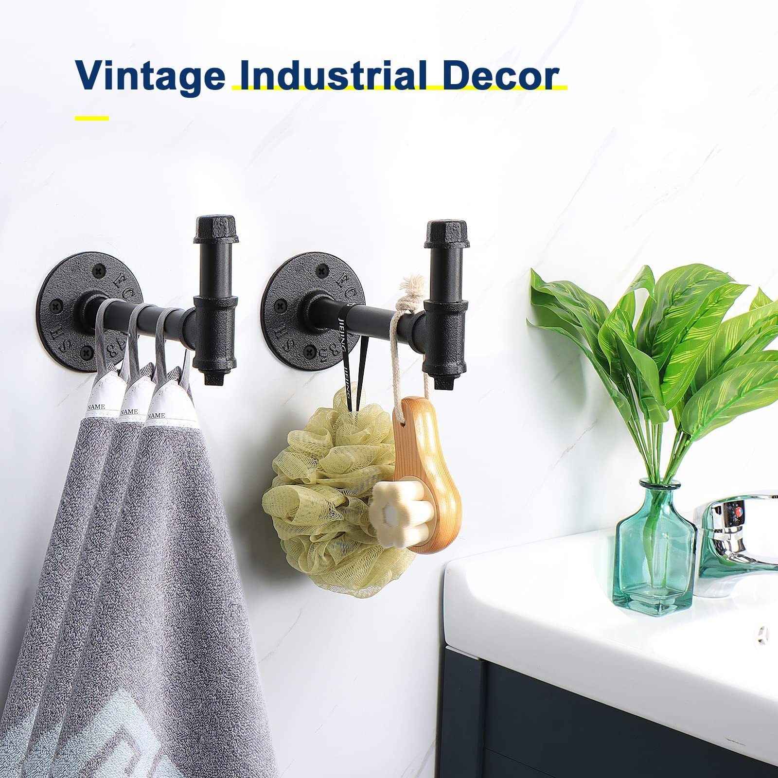 3 Pcs Industrial Pipe Bathroom Robe Racks, Rustic Style Single Robe Hook Coat And Hat Hook Towel Hook