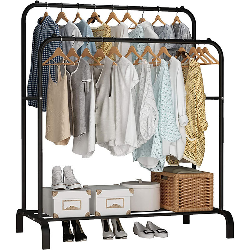 43.3 Inches Freestanding Double Rod Clothing Racks For Hanging Clothes, Black Large Storage Space Sturdy Clothing Rack