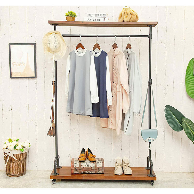 Two Tiers Rolling Storage Holders & Racks Industrial Pipe Clothing Racks, Heavy Duty Clothes Rack Shoes Storage