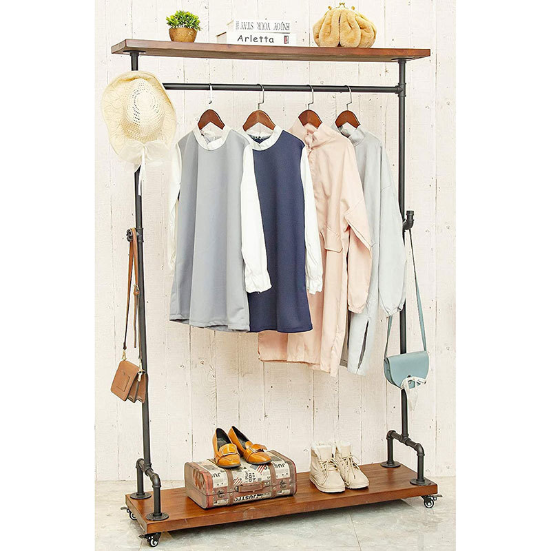 Two Tiers Rolling Storage Holders & Racks Industrial Pipe Clothing Racks, Heavy Duty Clothes Rack Shoes Storage