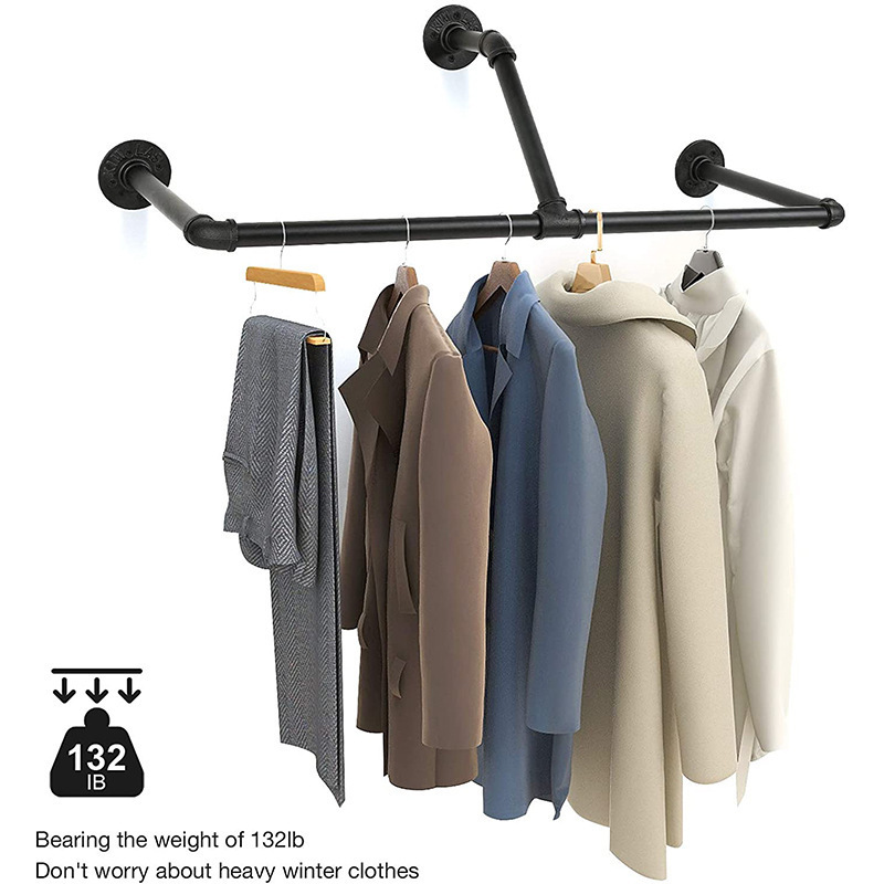 Industrial Modern Black Pipe Wall Mounted Clothing Rack Laundry Room Clothing Rods Decor Clothes Display Hanging Racks