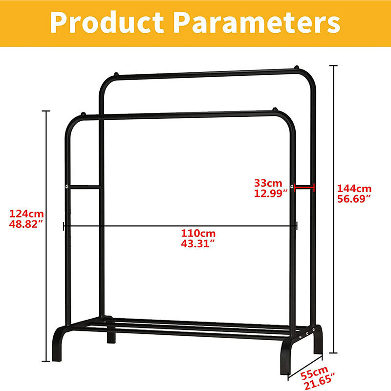 43.3 Inches Freestanding Double Rod Clothing Racks For Hanging Clothes, Black Large Storage Space Sturdy Clothing Rack